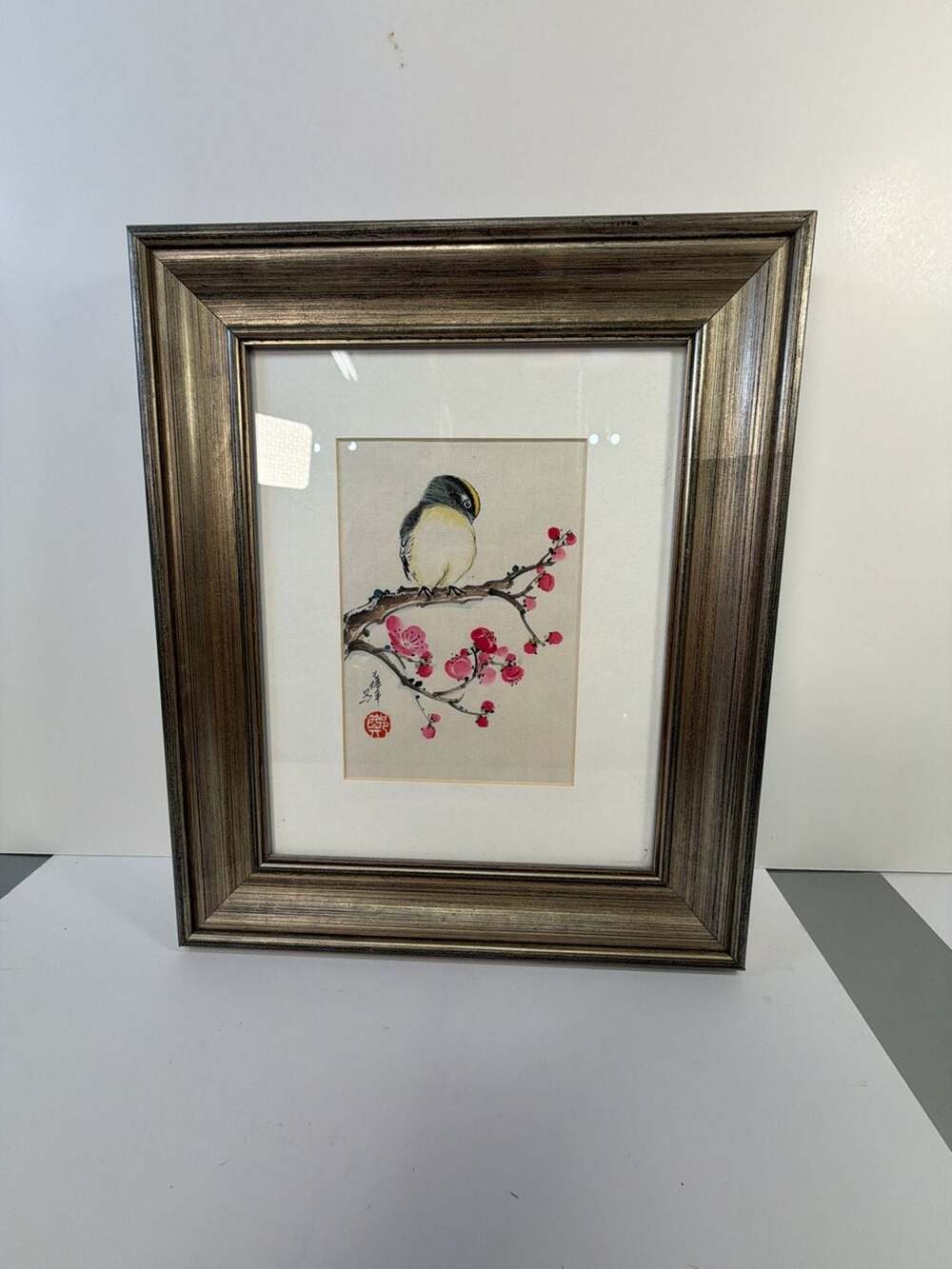 Vintage Chinese Watercolor Painting of Bird on Blossoming Plum Branch in Metalli